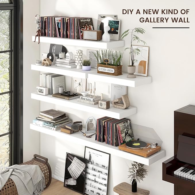 Floating Shelves - 2 Large Wall Mounted Shelves with Invisible Brackets, Long Wood Floating Wall Shelf for Living Room, Bedroom, Kitchen (White, 24" W x 9" D x 1.5" H)-Ruum Studio Home