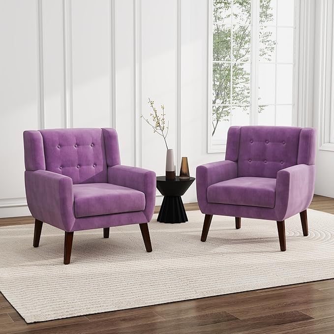 UIXE Accent Chairs Set of 2, Modern Upholstered Arm Chair, Mid-Century Club Armchair Comfy Single Lounge Sofa, Button Tufted Living Room Reading Side Seating for Bedroom Office, Velvet-Purple-Ruum Studio Home