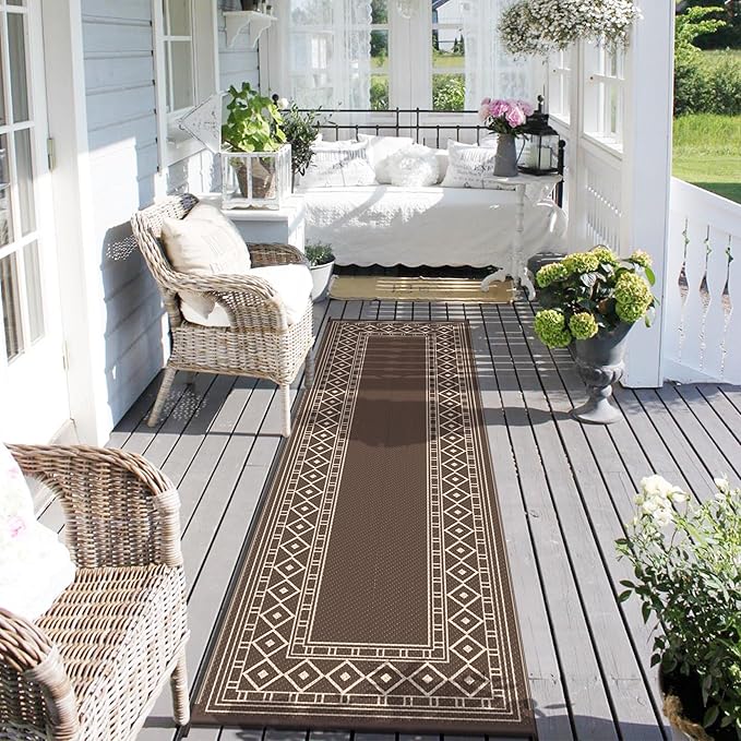 GENIMO Outdoor Rug Waterproof for Patio Decor, 2.5'x8' Foldable Reversible Plastic Straw Runner Rugs Carpet for Porch, Outside Area Mat for Rv, Deck, Picnic, Camper, Balcony, Coffee & Beige-Ruum Studio Home