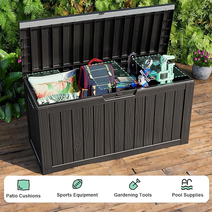 86 Gallon Outdoor Deck Box,Storage Lockable Waterproof Patio Furniture,Garden Tools,Cushions,Pool Accessories Outside Storage Resin Box(Black)-Ruum Studio Home