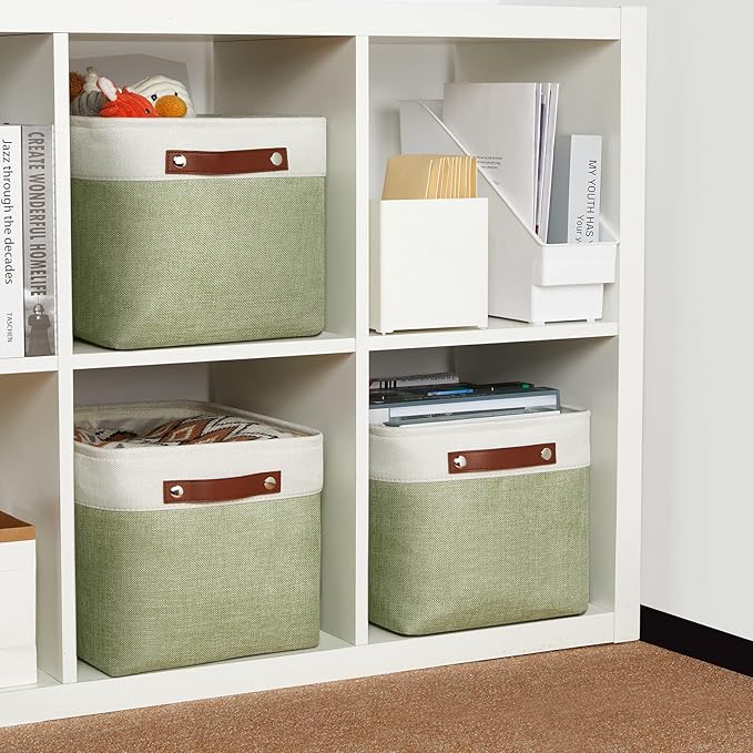 DULLEMELO Fabric Storage Bins for Laundry, Home, Foldable Storage Baskets for Shelves, Toys, Collapsible Storage Bins for Office,Bedroom(3-Pack Medium-15 inch X 11 inch X 9.5 inch , White&Green)-Ruum Studio Home