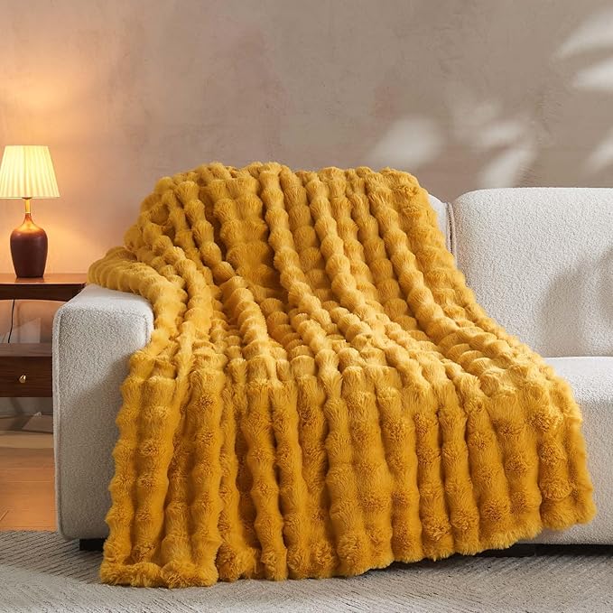Lotus Karen Faux Fur Throw Blanket Ginger Yellow - Big Bubble Rabbit Fluff Blanket for Couch Bed Sofa,Softest Fluffy Fuzzy Cozy Blanket,Thick Furry Plush Shaggy Warm Blankets for Women,50x60 Inches-Ruum Studio Home