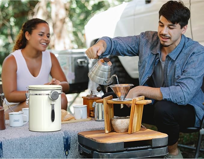 35OZ Coffee Canister for ground coffee with Date Tracker,beige 304 Stainless Steel Kitchen Food Airtight storage container for Coffee Beans or Grounds, Tea, Sugar-Ruum Studio Home