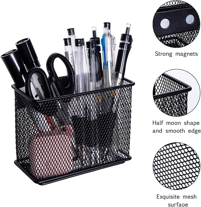 dedoot Magnetic Basket 2 Pack Magnetic Holder Locker Magnetic Pen Holder Magnetic Pencil Holder Strong for Whiteboard Marker, 4.7x2.3x3.7inch Black Mesh Magnetic Pen Holder for Refrigerator Fridge-Ruum Studio Home