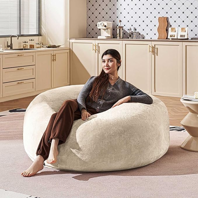 Bean Bag Chair 5Ft, Memory Foam Filled, Large Beanbag Chairs for Adults and Teens, Soft Sofa with Removable Flannel Cover, Round Couch for Living Room Bedroom College Dorm (Apricot, 5FT-60×60"×24")-Ruum Studio Home