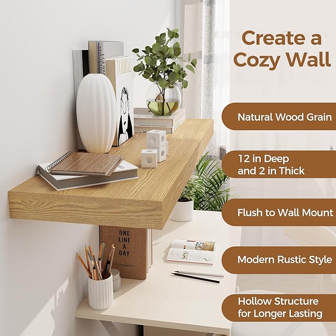 Floating Shelves 36 Inch Long, 12 Inch Deep Floating Shelves for Wall, 36 x 12 Shelves for Wall Storage & Display, 2" Thick Floating Shelf for Bathroom, Living Room, Bedroom, Oak Color, Set of 2-Ruum Studio Home