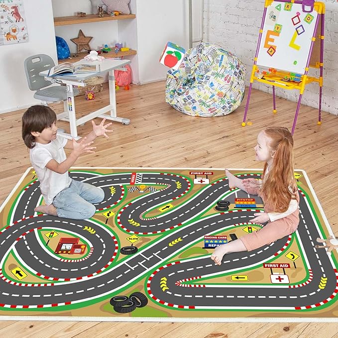 Kids Rug Play mat Playroom Rugs Car Rugs for Kids Toy Cars Race Track for Classroom Rug (Race-Brown, 3.3x4.9ft)-Ruum Studio Home