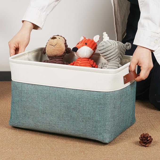 DULLEMELO Storage Baskets for Organizing,Rectangular Fabric Storage Bins with Handles for Office,Bedroom(3-Pack -15 inch X 11 inch X 9.5 inch, White&Dark Green)-Ruum Studio Home