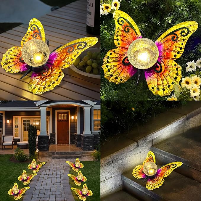 Solar Lights Outdoor Garden Butterfly Decor, Metal Butterfly Statue Decoration with LED Crackle Glass Globe, Solar Powered Lighted Garden Art Decor for Patio Lawn Yard Pathway Tabletop Ground-Ruum Studio Home