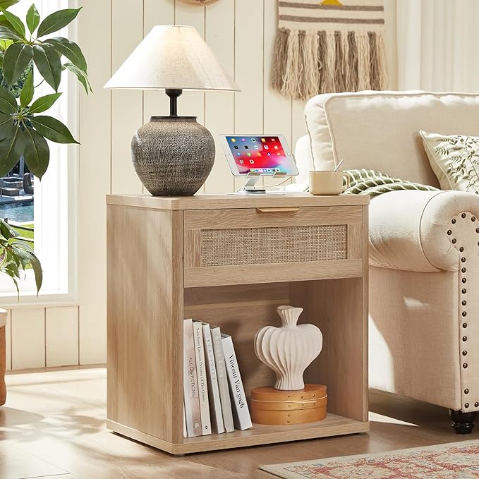 LEYAOYAO Boho Rattan Coffee Table Sets 3 Pieces, Nightstand with Charging Station and Coffee Table with Hidden Storage Compartment, Natural Living Room Table Set, Wood Furniture Sets for Home Office-Ruum Studio Home
