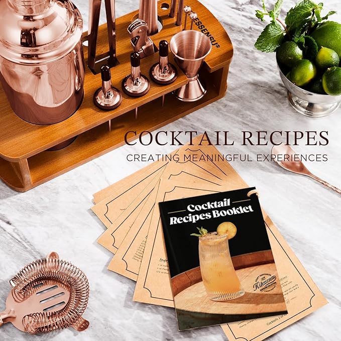KITESSENSU Cocktail Shaker Set Bartender Kit with Stand - Drink Mixer Bar Set with All Essential Bar Accessory Tools - Martini Shaker Jigger Strainer Mixer Spoon Muddler Liquor Pourers - Rose Gold-Ruum Studio Home