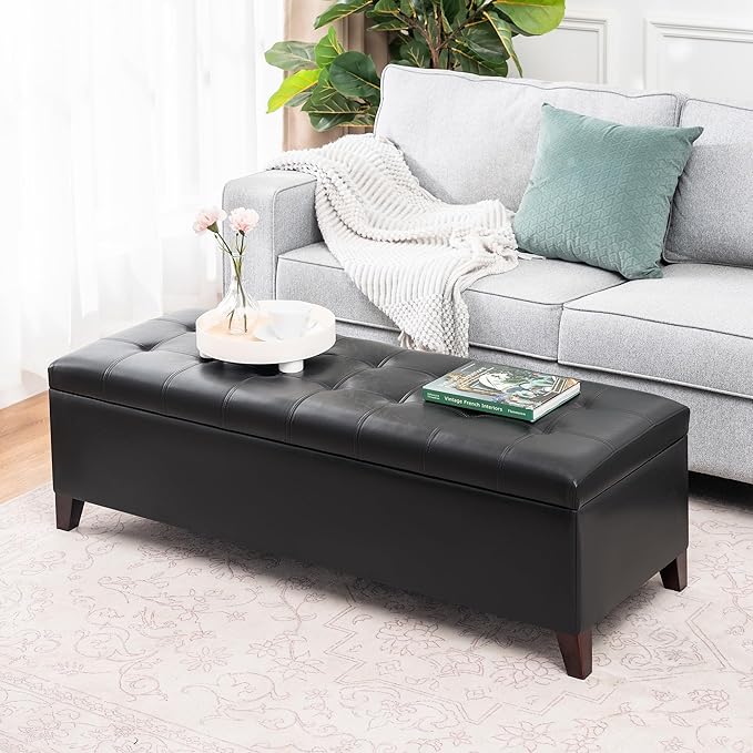 Joveco Storage Ottoman Bench, 51 Inch Leather Tufted Upholstered Bench for End Foot of Bed, Bedroom, Living Room, Black-Ruum Studio Home
