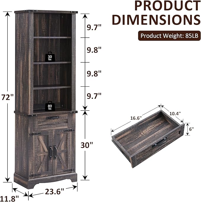 OKD 72'' Tall Bookshelf with Storage, Farmhouse 4 Tier Bookcase w/Barn Door, Adjustable Shelves and Drawers, Rustic Wooden Office Bookshelves for Home Bedroom, Living Room, Library (Dark Rustic Oak)-Ruum Studio Home