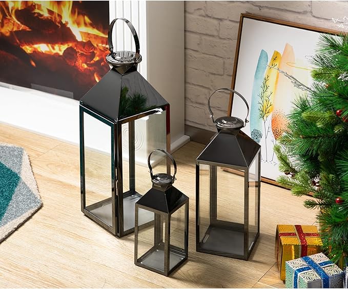 MATICO Stainless Decorative Pinnacle Candle Lantern Set of 3, Hanging Decor Hurricane Lantern Candle Holder for Festival Ceremony Home Decor, Both Indoor & Outdoor Use, Black-Ruum Studio Home