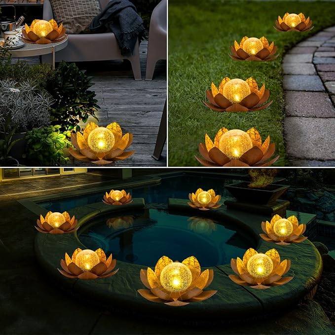 Solar Light Outdoor(2Pack), Art Crackle Globe Glass Lotus Decoration, Solar LED Waterproof Metal Flower Lights for Patio,Lawn,Walkway,Tabletop-Ruum Studio Home