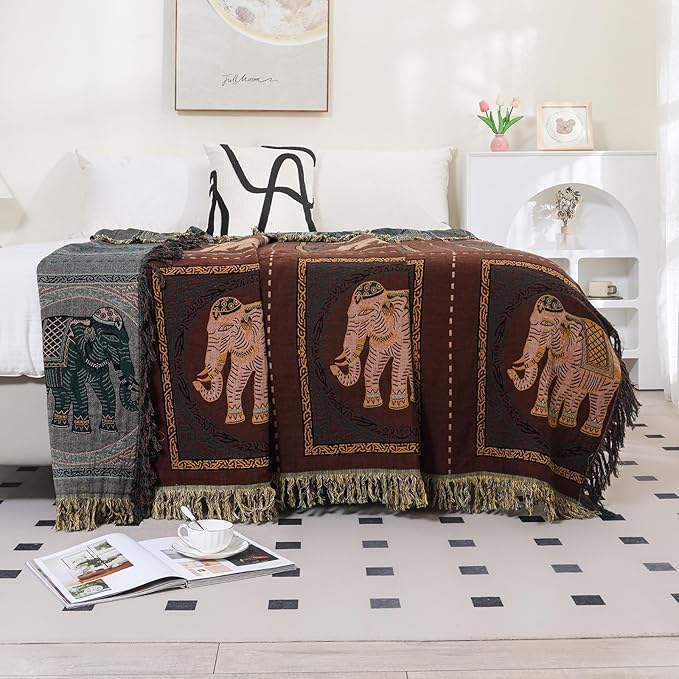 Boho Throw Blanket for Bed with Tassels,100% Cotton Ultra Soft and Cozy Large Blanket Elephant Printed Farmhouse Decor Bed Blankets,80"×90" All Season Rustic Throw for Sofa Couch Chair-Brown-Ruum Studio Home