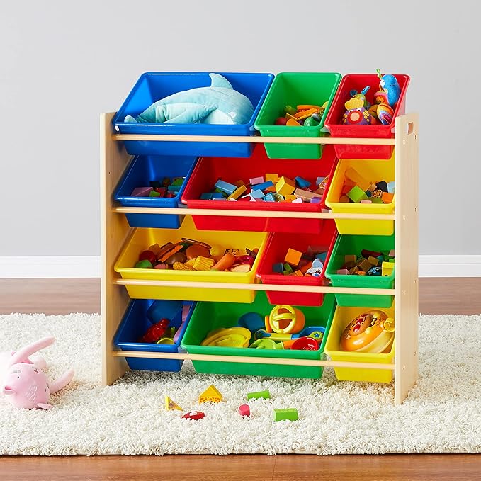 Amazon Basics Kids Toy Storage Organizer With 12 Plastic Bins, Natural Wood With Bright Bins, 10.9" D x 33.6" W x 31.1" H-Ruum Studio Home