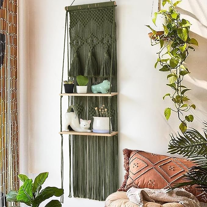 Hanging Shelf Macrame Wall Hanging Green Boho Shelfs with Tassels 2 Tier Floating for Plants Bedroom Dorm Living Room Wall Decor Rustic Wooden Organizer(Wood)-Ruum Studio Home