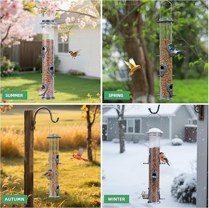 MIXXIDEA 1PK Metal Bird Feeders with 6 Feeding Ports,Tube Bird Feeder with Steel Hanger,Hard Plastic Wild Bird Feeder for Outdoors Hanging, Attracting Birds in Your Lawn, Garden, Balcony-Grey-Ruum Studio Home