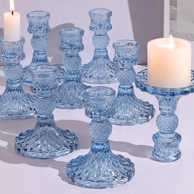 12Pcs 4" H Aqua Blue Candlestick Holders Set- Taper Candle Holders Bulk, Glass Candle Holders for Wedding, Party, Romantic Dinner Table Centerpieces, Festival Gifts & Windowsill Decor-Ruum Studio Home
