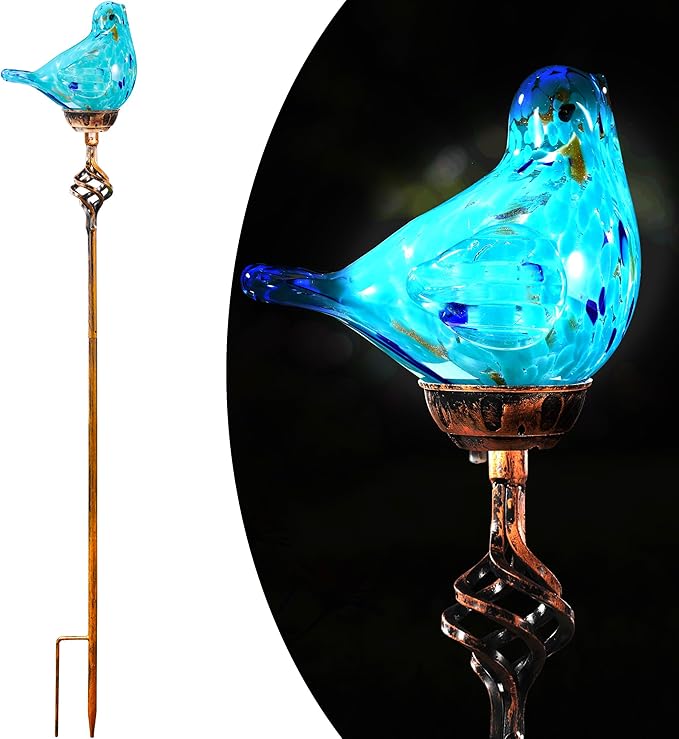 Decorative Solar Lights, Outdoor Solar Bird Stake Lights, Hand Blown Glass Decorative Garden Pathway Lights Outdoor Waterproof Glass Stakes (Light Blue)-Ruum Studio Home