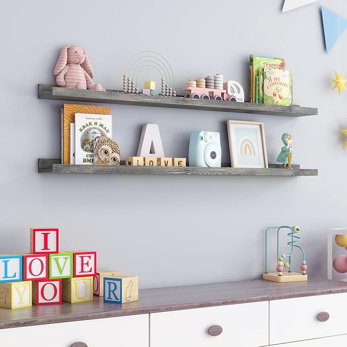 48 Inch Long Floating Shelves for Wall, Solid Pine Wood Picture Ledge Shelves with Lips, Nursery Book Shelves for Toys Storage Living Room Bedroom Photo Frames (2 Pcs, Grey)-Ruum Studio Home