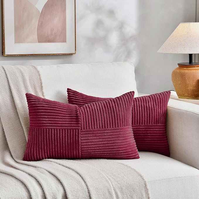 Fancy Homi 2 Packs Burgundy Lumbar Decorative Throw Pillow Covers 20x28 Inch for Living Room Couch Bed, Farmhouse Boho Home Decor, Soft Striped Corduroy Rectangle Accent Cushion Case 50x70 cm-Ruum Studio Home