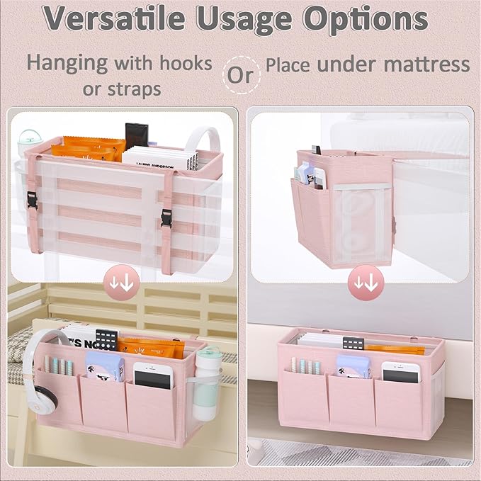 Dual-purpose Bedside Caddy Bedside Organizer, Bed Caddy with 6 Pockets, Versatile Bedside Storage Solution Magazine Remotes holder, ideal for Home, Dorm, Hospital, Crib Bed (Pink)-Ruum Studio Home
