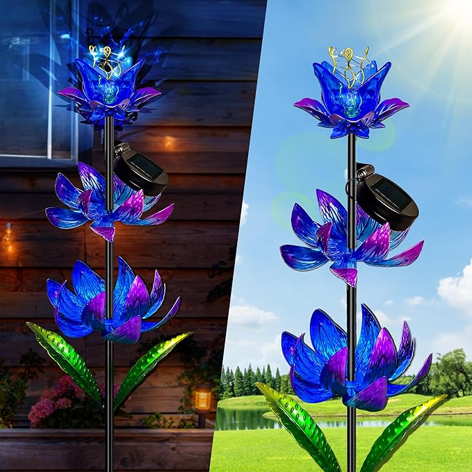 Solar Wind Spinner Outdoor, 63 Inch Metal Wind Spinner Yard Art with LED Lights, Three-Layer Flower Design Pinwheels for Yard and Garden Decor, Solar Garden Decor-Ruum Studio Home