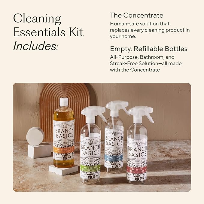 Branch Basics Cleaning Essentials Kit: All Purpose Spray, Glass Cleaner, and Bathroom Cleaner - Concentrate (33.8 Oz) + Plastic Spray Bottles for Cleaning (24 Oz) Non-Toxic, Fragrance-Free-Ruum Studio Home