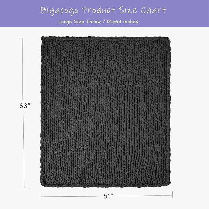 Bigacogo Chunky Knit Throw Blanket for Couch, 51x63 inches, 100% Hand Knitted with Thick Jumbo Chenille Yarn, Cozy Soft Large Rope Knot Cable Crochet Blankets for Sofa Bed Living Room, Dark Grey-Ruum Studio Home