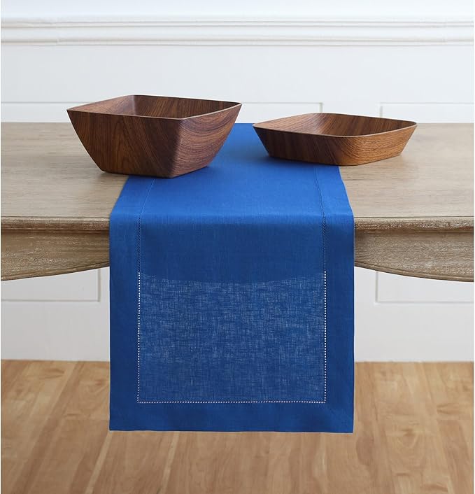 Solino Home Linen Royal Blue Table Runner 48 Inches - Classic Hemstitch, 100% Pure Linen Coffee Table Runner 14 x 48 Inch Ideal for Dresser Tables-Ruum Studio Home