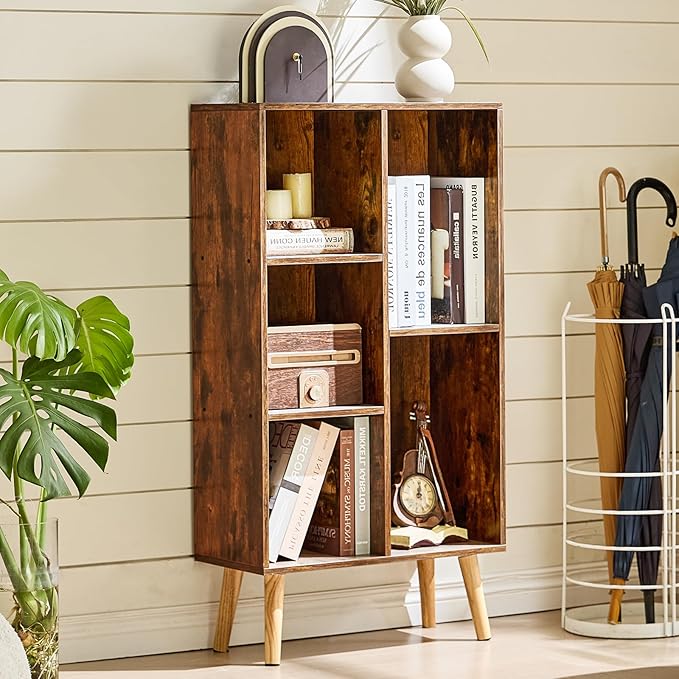 LEYAOYAO 5 Cube Small Bookshelf,3 Tier Mid-Century Bookcase with Legs,Wood Bookshelves Storage Organizer Shelf,Narrow Book Shelves,Brown Bookcases-Ruum Studio Home