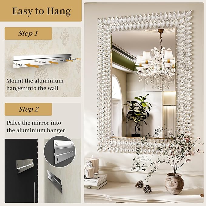 Kelly Miller Large Jeweled Mirror for Wall Decor, 28"x40" Luxury Sparkling Diamond Mirror Beveled Modern Wall Decoration for Bathroom, Living Room, Bedroom, Hallway, Entryway-Ruum Studio Home