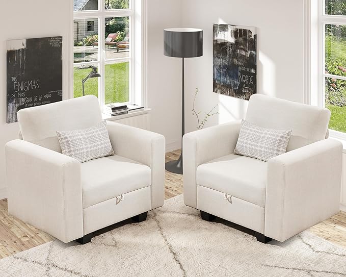 38.5 Oversized Accent Chair with Storage Beige Set of 2, Single Modern Accent Sofa Chair with Arms for Apartment Living Room Linen(21" Deep Seat)-Ruum Studio Home