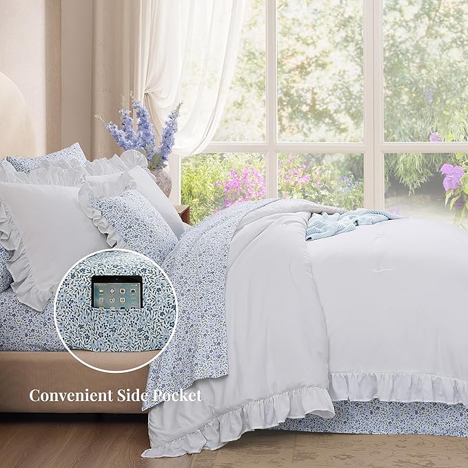 Full Comforter Set - 7 Pieces Ruffle White Bedding Sets, Shabby Chic Farmhouse Bed in a Bag Full with Ruffle Comforter, Floral Sheets, Pillowcases & Shams-Ruum Studio Home