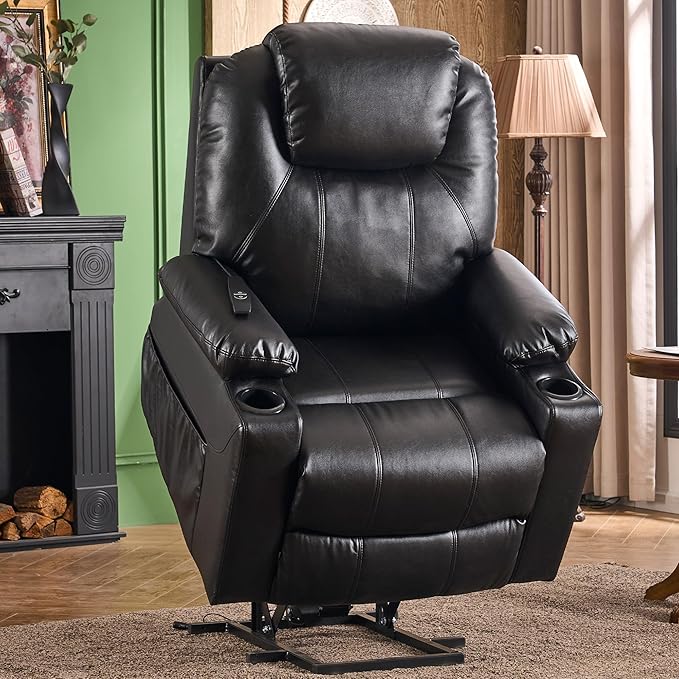 SALOHZA Power Lift Recliner Chair for Elderly with Massage and Heat for Living Room, Electric Recliner Chair for Adults with USB/Type C Port/Cup Holders, PU Faux Leather, Black-Ruum Studio Home