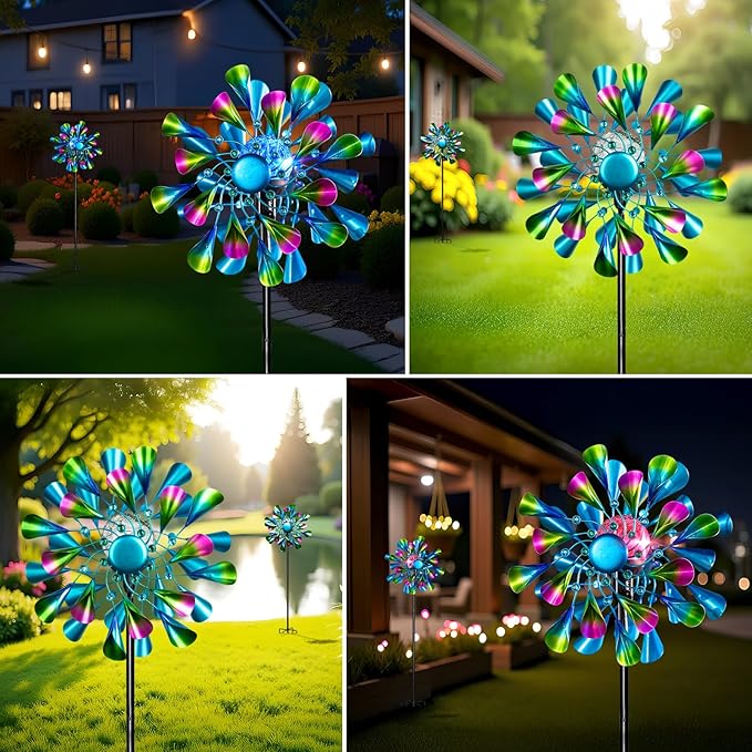 60'' Wind Spinner with Color Glass Ball Solar Lights, Green Peacock Feathers Metal Garden Outdoor Decor Yard Lawn Art Decor for Patio Kinetic Windmills Unique Gifts for Friends and Family-Ruum Studio Home