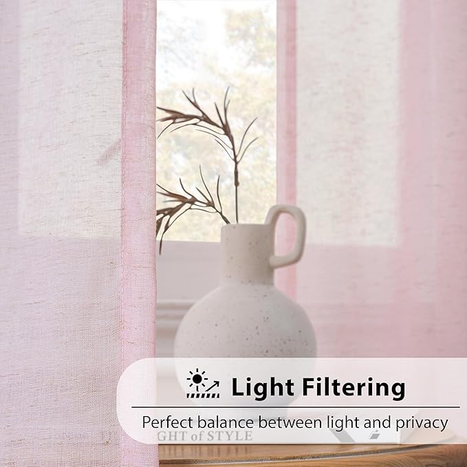 FMFUNCTEX Linen Sheer Curtains for Bedroom, Pink Curtains 96 inches Long for Living Room, Blush Pink Farmhouse French Flax Blend Window Draperies, Rod Pocket 2 Panels Set-Ruum Studio Home