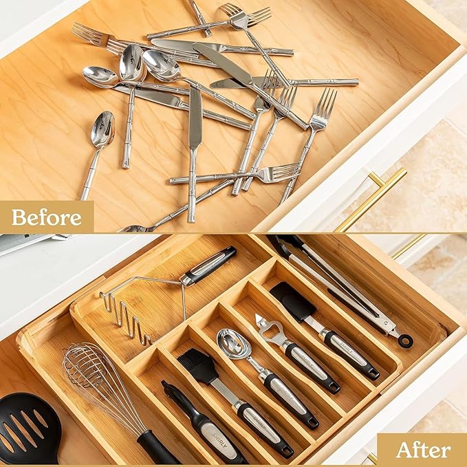 SMIRLY Silverware Drawer Organizer – Bamboo Kitchen Drawer Organizer, Adjustable Utensil Holder and Cutlery Tray, Drawer Dividers for Flatware and Kitchen Utensils-Ruum Studio Home