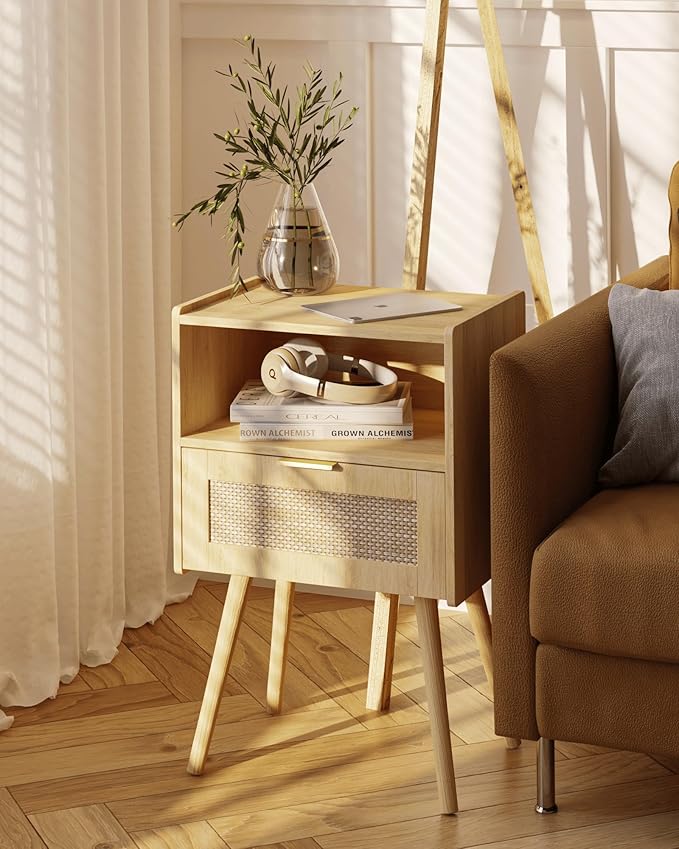 Rattan Nightstand,Modern Bedside Table with Storage Drawer and Open Wood Shelf, for Living Room, Bedroom and Small Spaces, Accent Night Stand with Solid Wood Legs, Easy Assembly,(Oak)-Ruum Studio Home