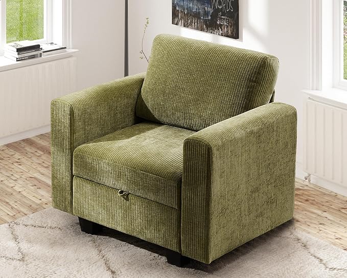 38.5 Oversized Accent Chair with Storage Green Corduroy, Single Modern Accent Sofa Chair with Arms for Apartment Living Room (21" Deep Seat)-Ruum Studio Home