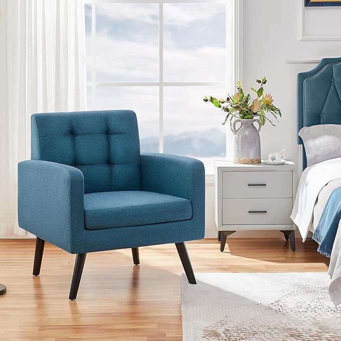 Yaheetech Mid-Century Accent Chairs, Modern Upholstered Living Room Chair, Cozy Armchair Button Tufted Back and Wood Legs for Bedroom/Office/Cafe, Navy Blue-Ruum Studio Home