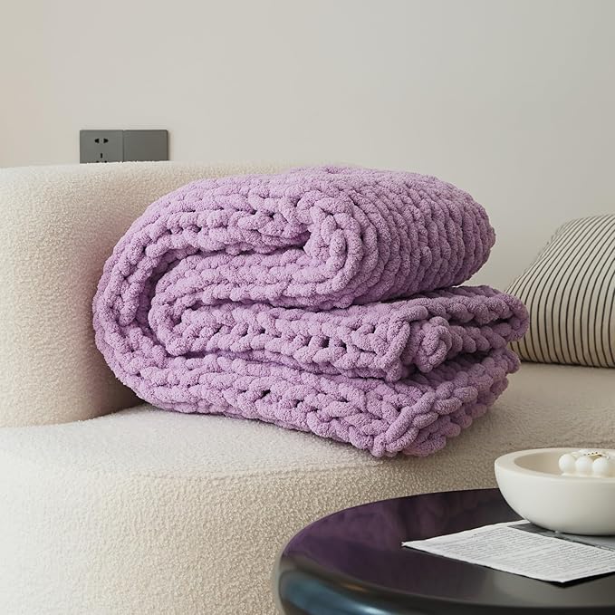 WESHIONGOO Chunky Knit Blanket Throw 50"×60" Knitted Throw Blankets for Couch Bed Fluffy Soft Blanket with Jumbo Chenille Yarn Thick 100% Handmade(Lilac)-Ruum Studio Home