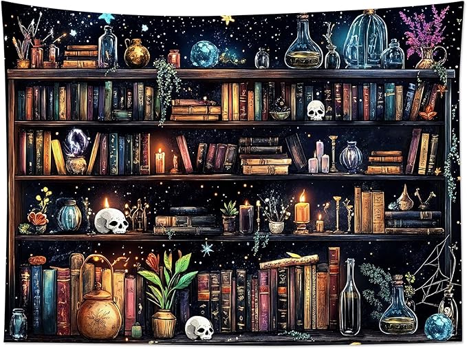 HVEST Magic Bookshelf Tapestry Wall Hanging Vintage Bookshelf Witchy Books Plant Skull Gothic Halloween Wall Decor Starry Sky Tapestry for Bedroom Living Room Dorm, 60L x 80W Inches-Ruum Studio Home