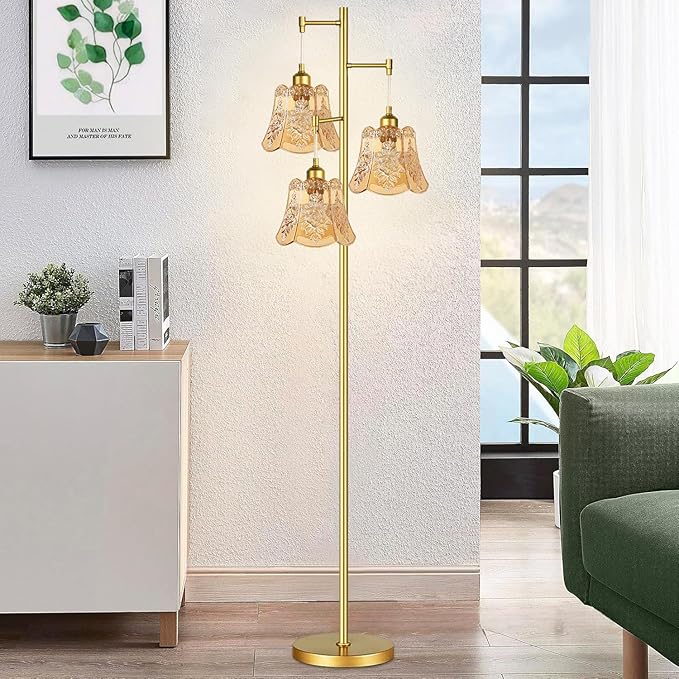 Gold Floor Lamp for Living Room,Bedroom,Tree 3 Light Standing Lamp Mid Century Modern Brass Tall Floor Lamps Vintage Retro Floor Lights Glass Green Flower Lamp Shade Farmhouse Boho Bohemian-Ruum Studio Home