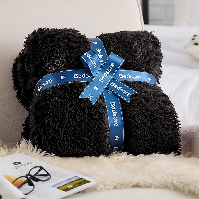 Bedsure GentleSoft Fluffy Black Blankets Queen Size for Bed, Thick Sherpa Faux Fur Fleece Fuzzy Plush Winter Warm Soft Full Queen Blankets, Bedroom Decor Black Gifts Cozy Gifts for Women Men, 90x90-Ruum Studio Home