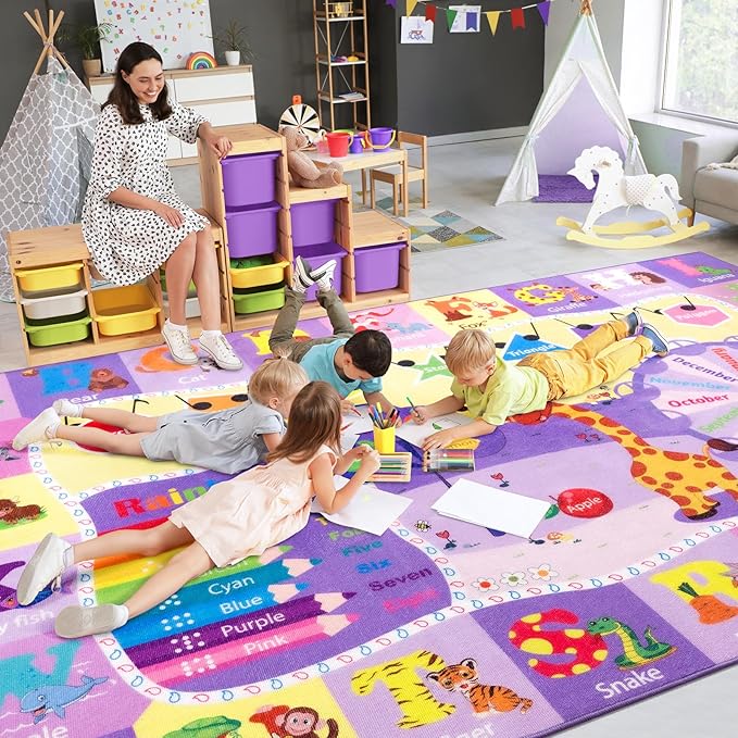 Kids Rugs for Playroom Bedroom Classroom Nursery, Non-Slip and Washable Rugs for Children Toddlers Girls, Educational and Fun Rug Carpets with ABC Alphabet Animals Shapes, 4x6, Purple-Ruum Studio Home