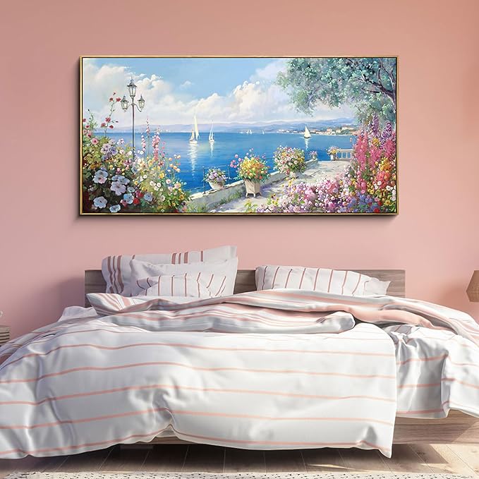 XLSJERST Large Coastal Wall Art - Ocean Seascape Canvas Yellow Green Flowers Painting Landscape Sailboat Picture Artwork Modern Large Framed for Living Room Bedroom Home Office Decor 58x29 Inches-Ruum Studio Home