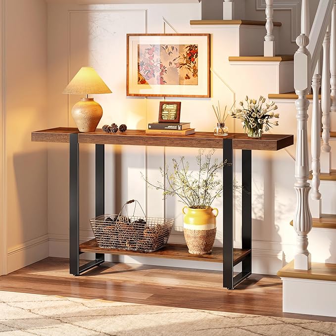 Huuger 47.2 Inch Entryway Table, 2-Tier Industrial Console Sofa Table, Accent Table with Storage, for Entry, Hallway, Entrance, Foyer, T-Shaped Metal Frame, Rustic Brown-Ruum Studio Home